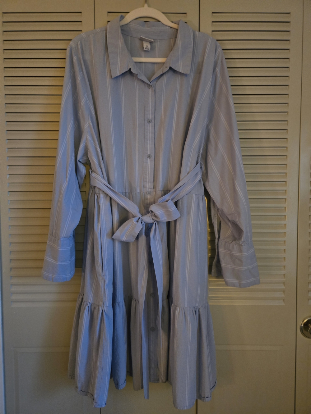 Ava & Viv Blue and White Striped Long Sleeve Shirt Dress with Waist Tie